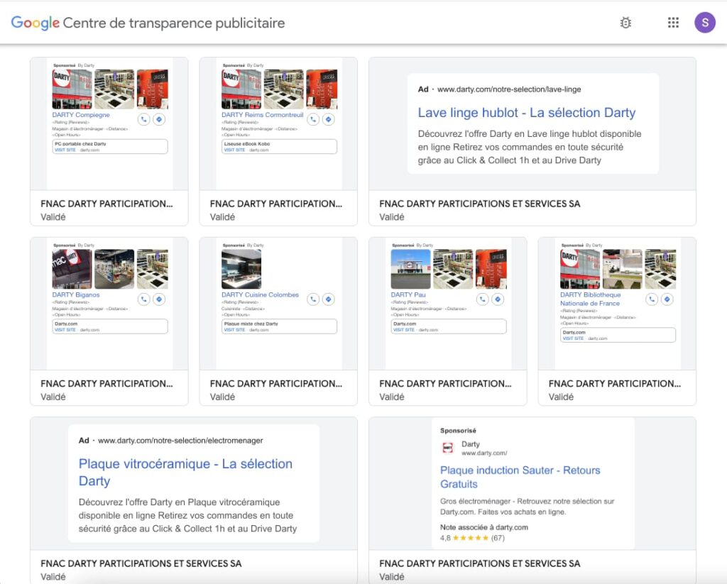 google-centre-transparence-publicitaire-exemple-darty