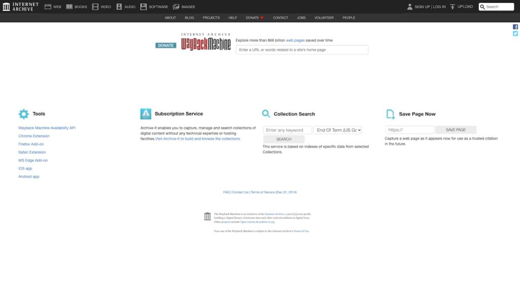 La page d'accueil du service Wayback Machine